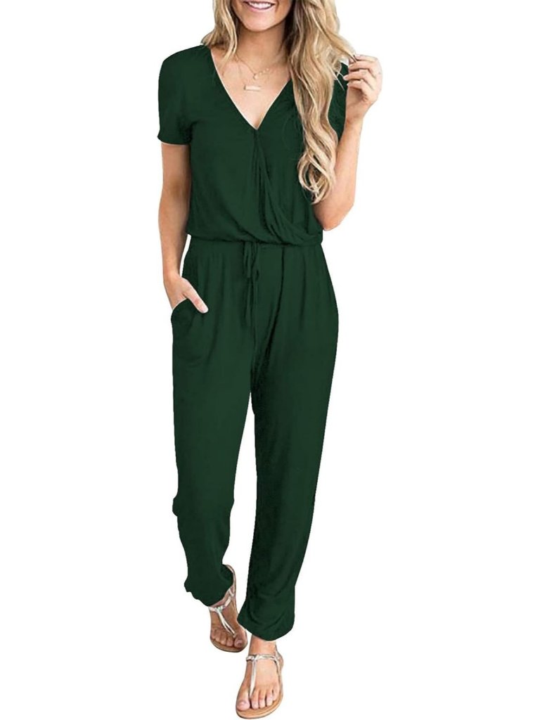 Women's Green Summer Casual Short Sleeve Romper Airport Vacation Travel Outfits